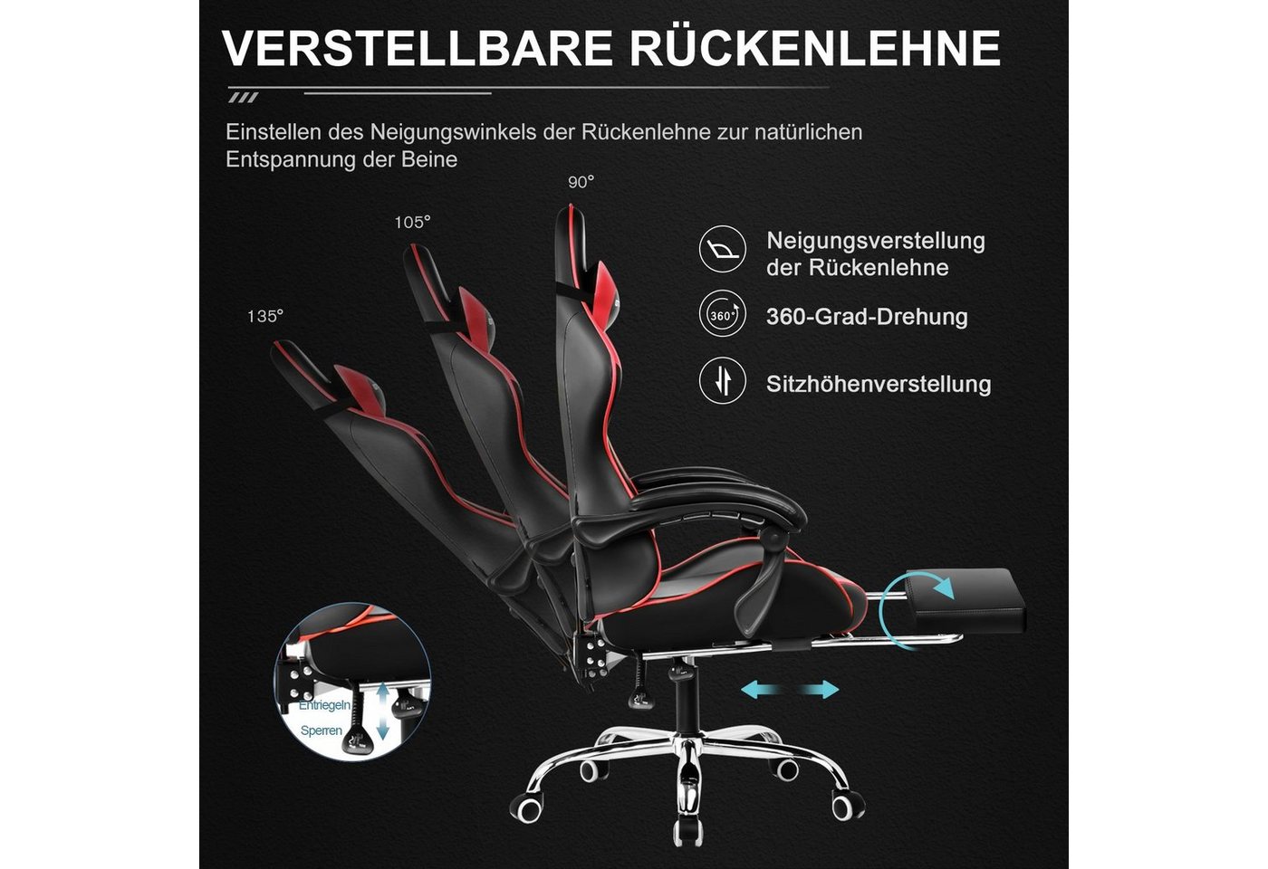 GTPLAYER Gaming-Stuhl Bürostuhl mit Massagefunktion, Fußstütze, Kopfstütze (Packung), Ergonomischer Gamer Stuhl Maximale Belastung 150 kg, 360° drehbar – Bild 5 von 5