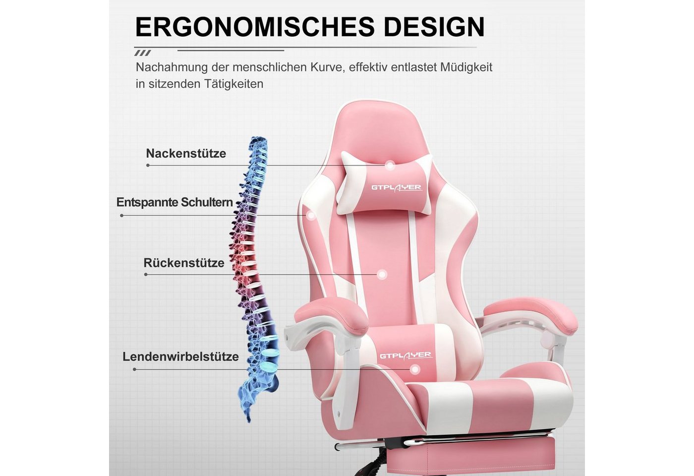 GTPLAYER Gaming-Stuhl Bürostuhl mit Massagefunktion, Fußstütze, Kopfstütze (Packung), Ergonomischer Gamer Stuhl Maximale Belastung 150 kg, 360° drehbar – Bild 4 von 5