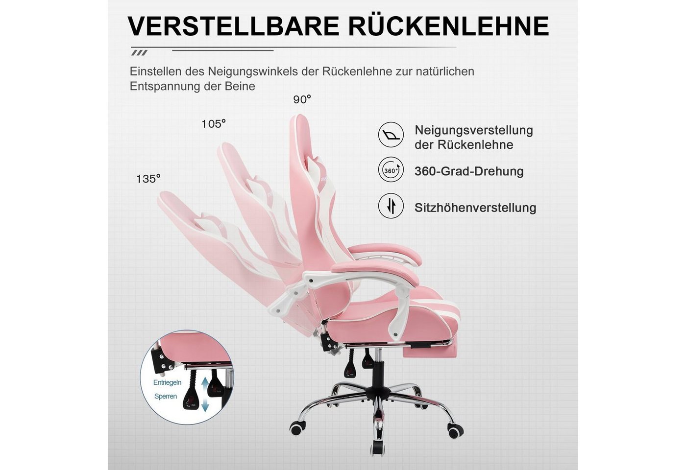 GTPLAYER Gaming-Stuhl Bürostuhl mit Massagefunktion, Fußstütze, Kopfstütze (Packung), Ergonomischer Gamer Stuhl Maximale Belastung 150 kg, 360° drehbar – Bild 5 von 5