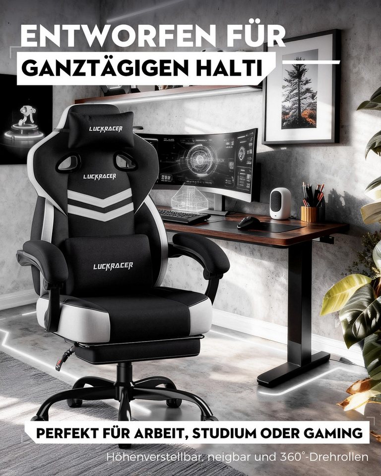 GTPLAYER Gaming-Stuhl Ergonomischer Gaming Sessel Schreibtischstuhl aus Stoff/Kunstleder (Pacekung), Federsitzkissen mit Fußstütze – Bild 2 von 5