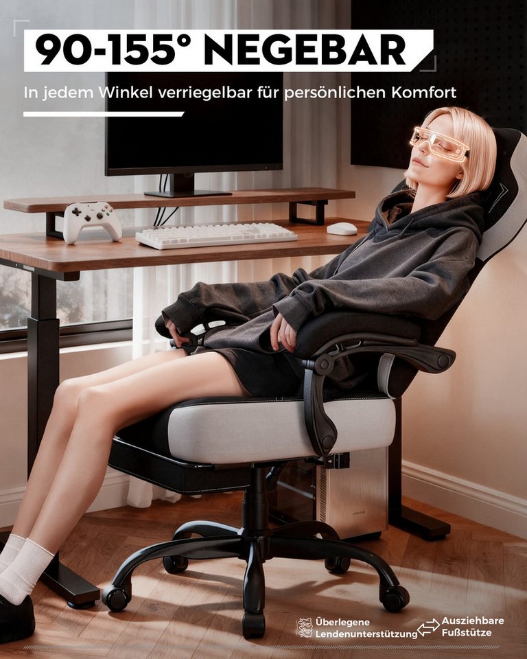GTPLAYER Gaming-Stuhl Ergonomischer Gaming Sessel Schreibtischstuhl aus Stoff/Kunstleder (Pacekung), Federsitzkissen mit Fußstütze – Bild 3 von 5