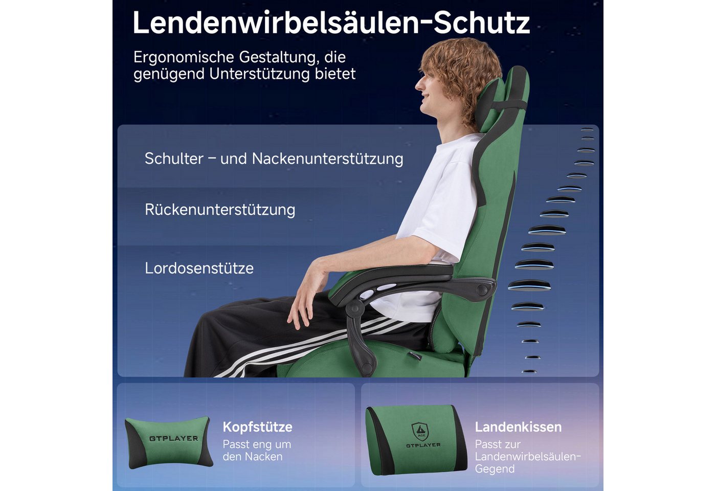 GTPLAYER Gaming-Stuhl Ergonomischer Gaming Sessel Schreibtischstuhl mit Stoffoberfläche (Pacekung), Federsitzkissen – Bild 2 von 5