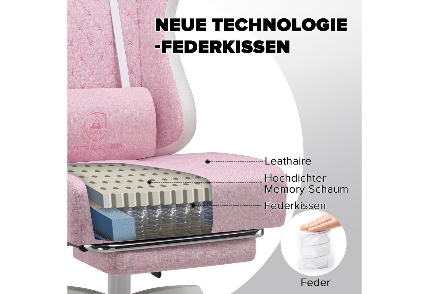 GTPLAYER Gaming-Stuhl Ergonomischer Gaming Sessel Schreibtischstuhl aus Stoff/Kunstleder (Pacekung), Federsitzkissen mit Fußstütze – Bild 2 von 5