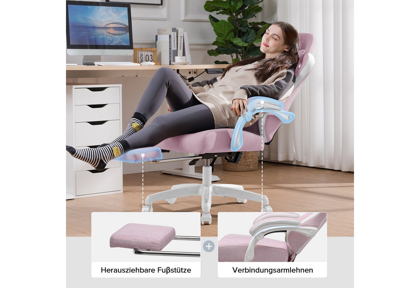 GTPLAYER Gaming-Stuhl Ergonomischer Gaming Sessel Schreibtischstuhl aus Stoff/Kunstleder (Pacekung), Federsitzkissen mit Fußstütze – Bild 3 von 5