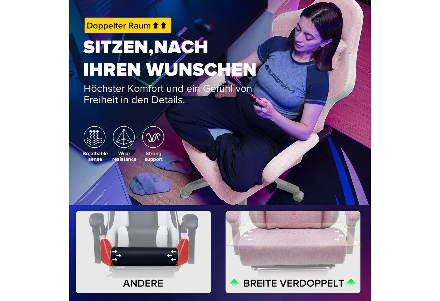 GTPLAYER Gaming-Stuhl Ergonomischer Gaming Sessel Schreibtischstuhl aus Stoff/Kunstleder (Pacekung), Federsitzkissen mit Fußstütze – Bild 5 von 5