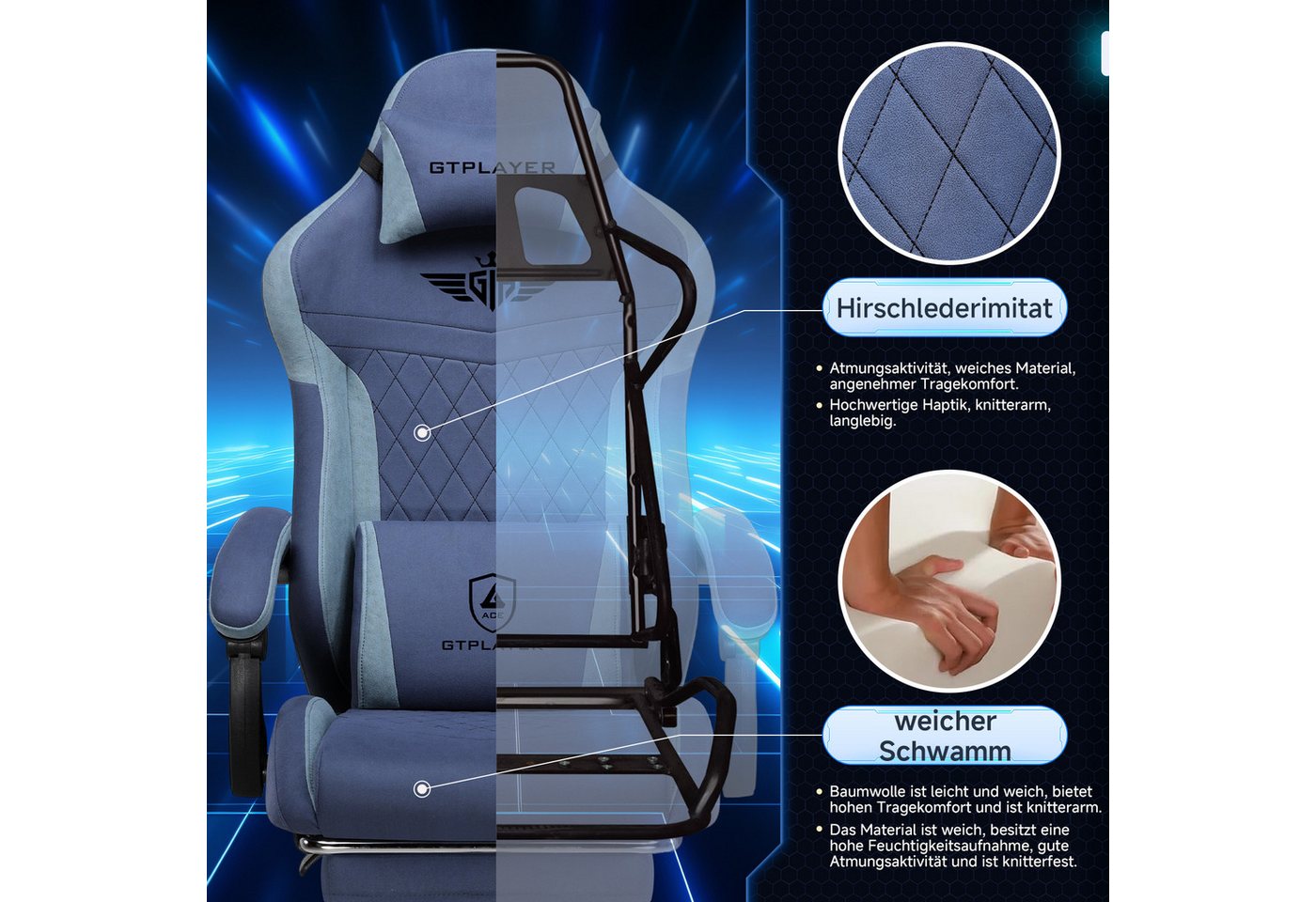 GTPLAYER Gaming-Stuhl Ergonomischer Gaming Sessel Schreibtischstuhl mit Stoffoberfläche (Pacekung), Federsitzkissen – Bild 4 von 5