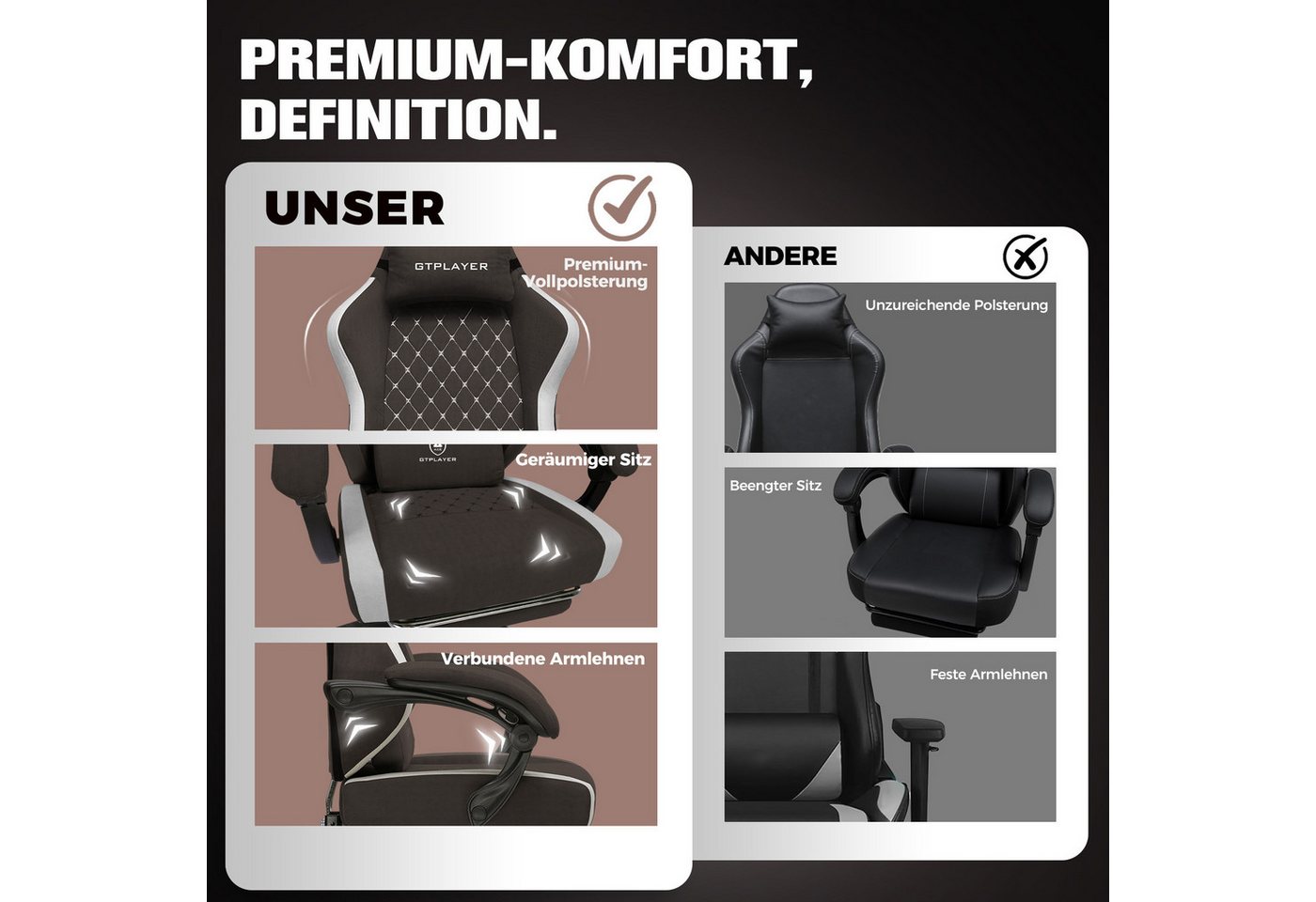 GTPLAYER Gaming-Stuhl Ergonomischer Gaming Sessel Schreibtischstuhl aus Stoff/Kunstleder (Packung), Federsitzkissen mit Fußstütze – Bild 2 von 5