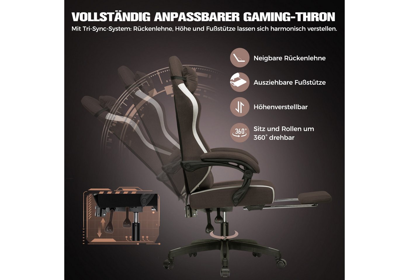 GTPLAYER Gaming-Stuhl Ergonomischer Gaming Sessel Schreibtischstuhl aus Stoff/Kunstleder (Packung), Federsitzkissen mit Fußstütze – Bild 3 von 5