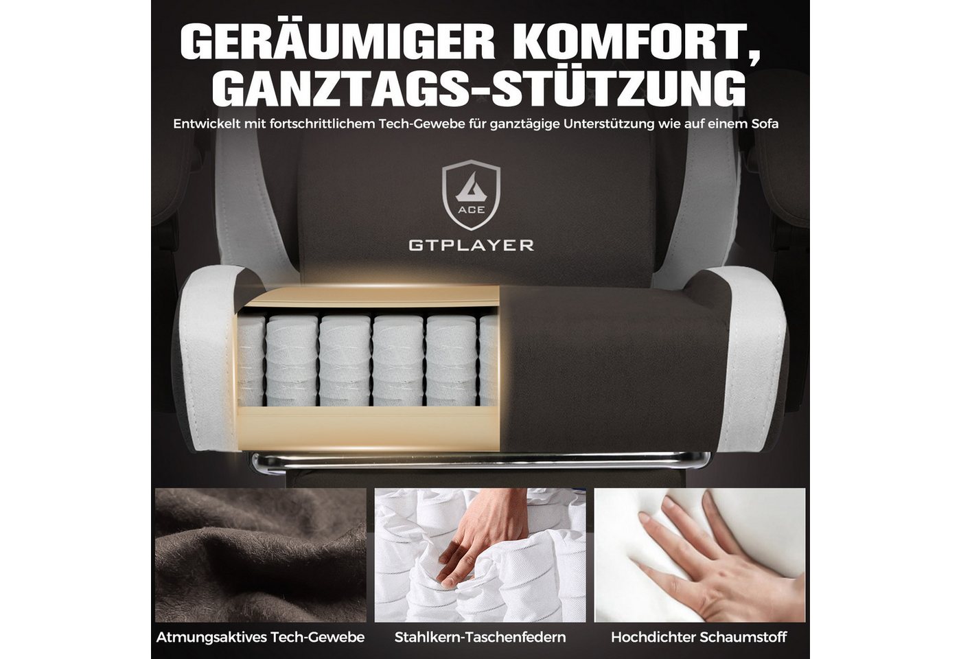 GTPLAYER Gaming-Stuhl Ergonomischer Gaming Sessel Schreibtischstuhl aus Stoff/Kunstleder (Packung), Federsitzkissen mit Fußstütze – Bild 4 von 5