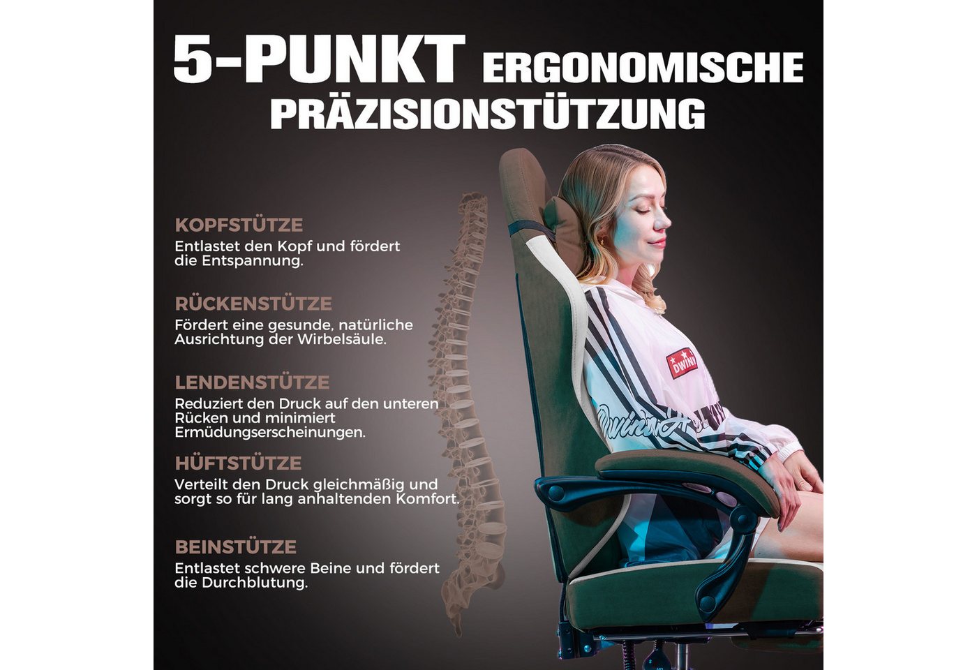GTPLAYER Gaming-Stuhl Ergonomischer Gaming Sessel Schreibtischstuhl aus Stoff/Kunstleder (Packung), Federsitzkissen mit Fußstütze – Bild 5 von 5