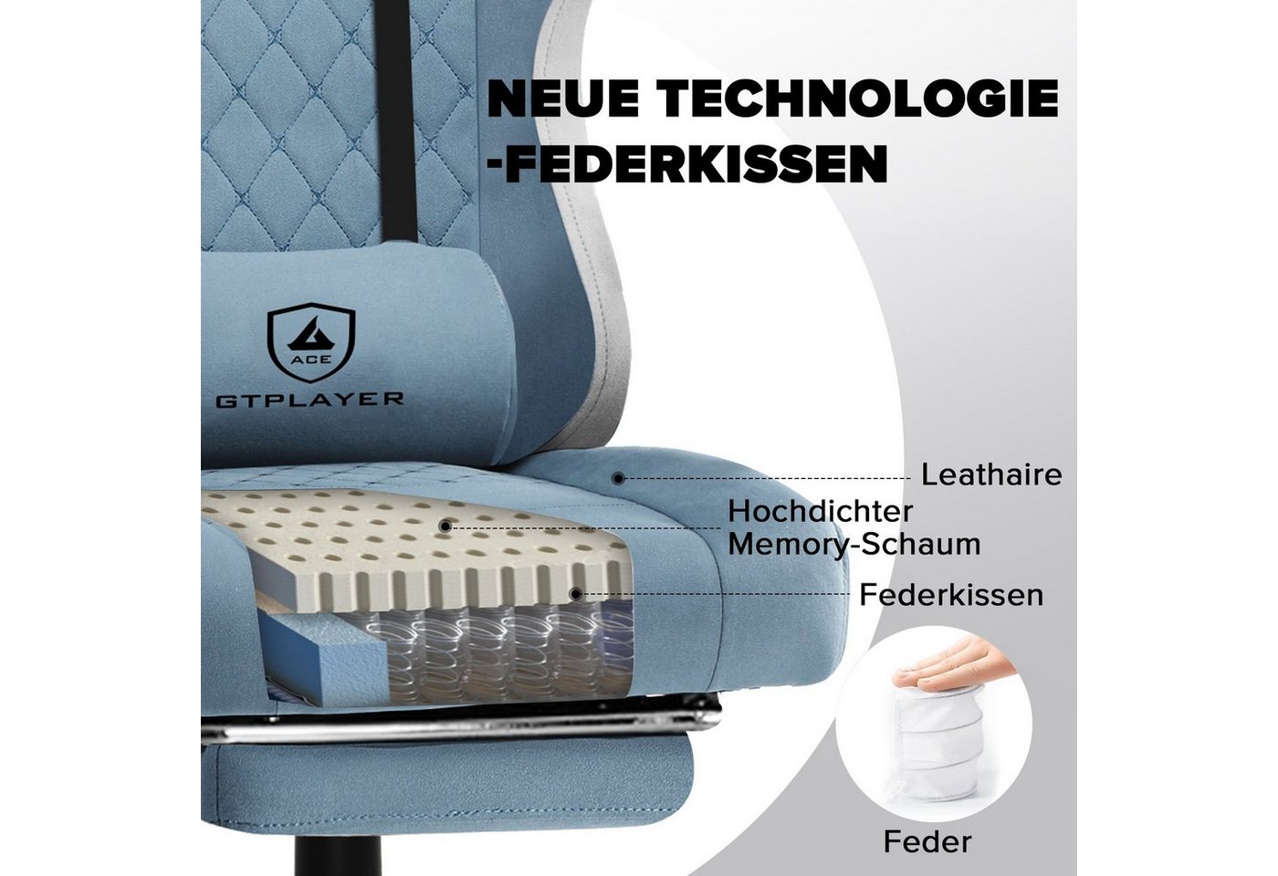 GTPLAYER Gaming-Stuhl Ergonomischer Gaming Sessel Schreibtischstuhl aus Stoff/Kunstleder (Pacekung), Federsitzkissen mit Fußstütze – Bild 2 von 5
