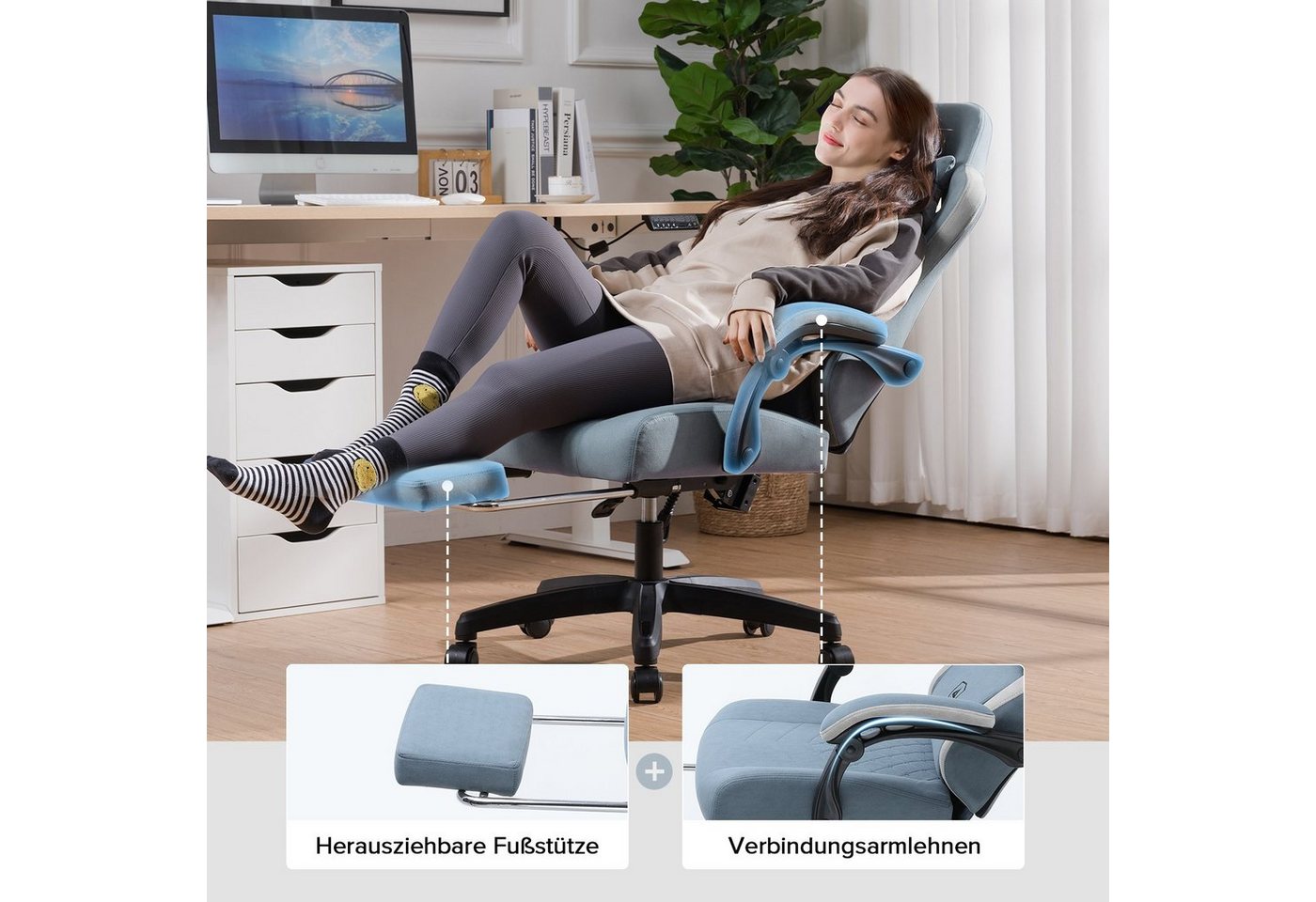 GTPLAYER Gaming-Stuhl Ergonomischer Gaming Sessel Schreibtischstuhl aus Stoff/Kunstleder (Pacekung), Federsitzkissen mit Fußstütze – Bild 3 von 5