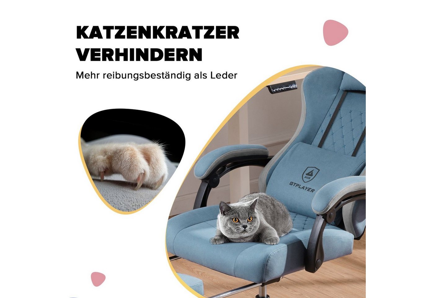 GTPLAYER Gaming-Stuhl Ergonomischer Gaming Sessel Schreibtischstuhl aus Stoff/Kunstleder (Pacekung), Federsitzkissen mit Fußstütze – Bild 4 von 5