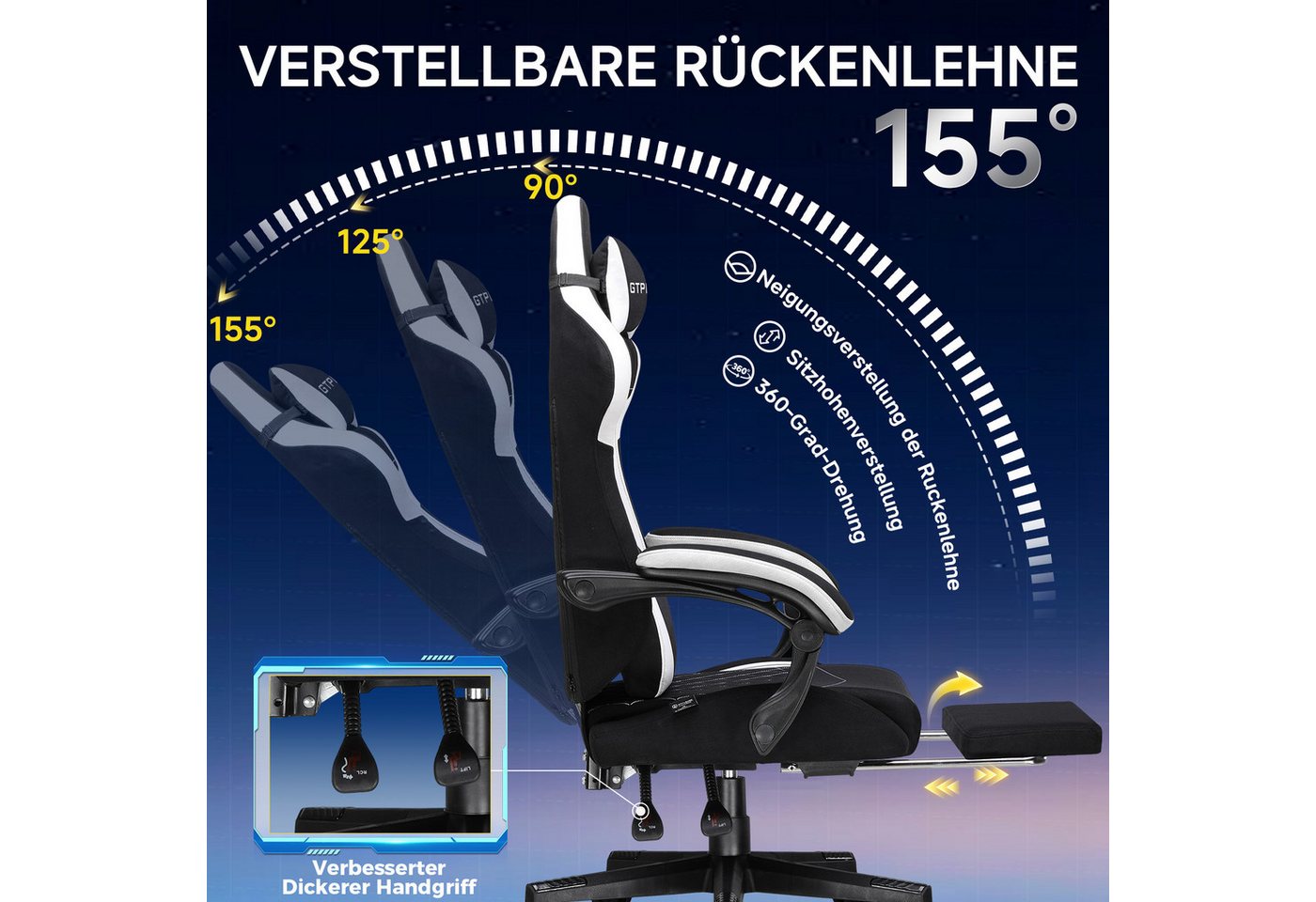 GTPLAYER Gaming-Stuhl Ergonomischer Gaming Sessel Schreibtischstuhl mit Stoffoberfläche (Pacekung), Federsitzkissen – Bild 5 von 5