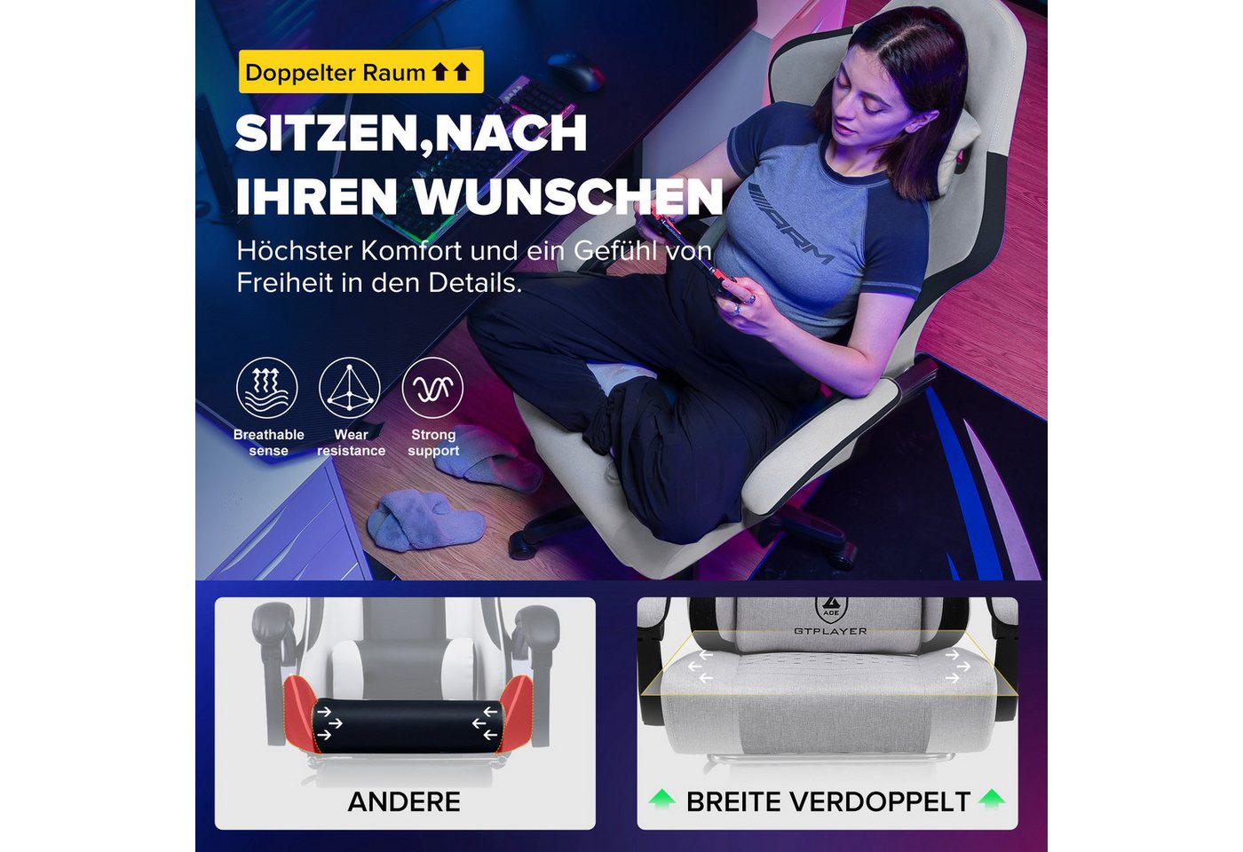 GTPLAYER Gaming-Stuhl Ergonomischer Gaming Sessel Schreibtischstuhl mit Stoffoberfläche (Pacekung), Federsitzkissen – Bild 3 von 5