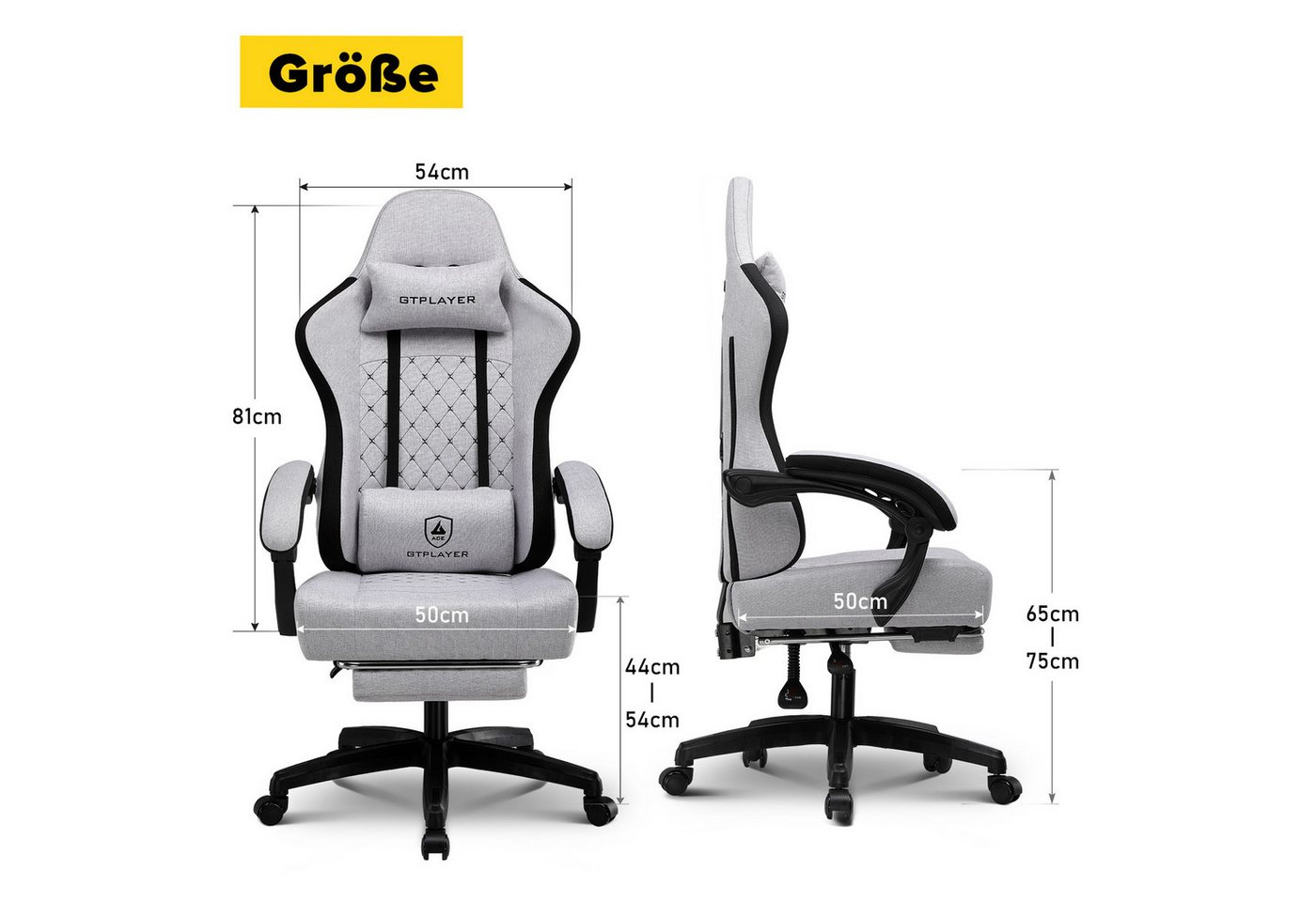 GTPLAYER Gaming-Stuhl Ergonomischer Gaming Sessel Schreibtischstuhl mit Stoffoberfläche (Pacekung), Federsitzkissen – Bild 5 von 5