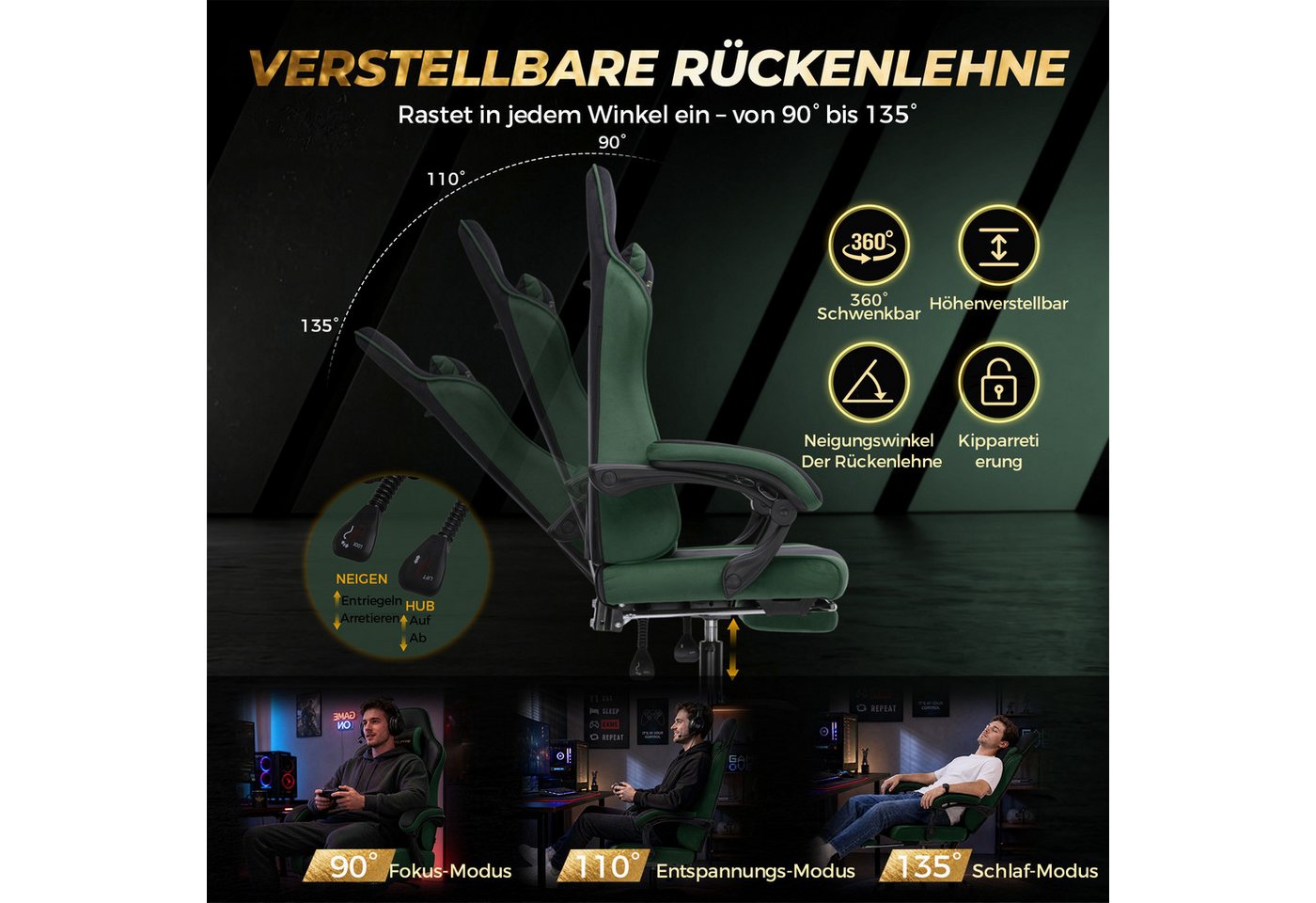 GTPLAYER Gaming-Stuhl Ergonomischer Gaming Sessel Schreibtischstuhl mit Federsitzkissen, Stoffoberfläche, Verbindungsarmlehnen und Fußstütze 150KG – Bild 2 von 5