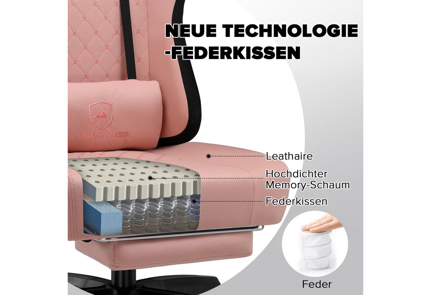 GTPLAYER Gaming-Stuhl Ergonomischer Gaming Sessel Schreibtischstuhl aus Stoff/Kunstleder (Pacekung), Federsitzkissen mit Fußstütze – Bild 2 von 5