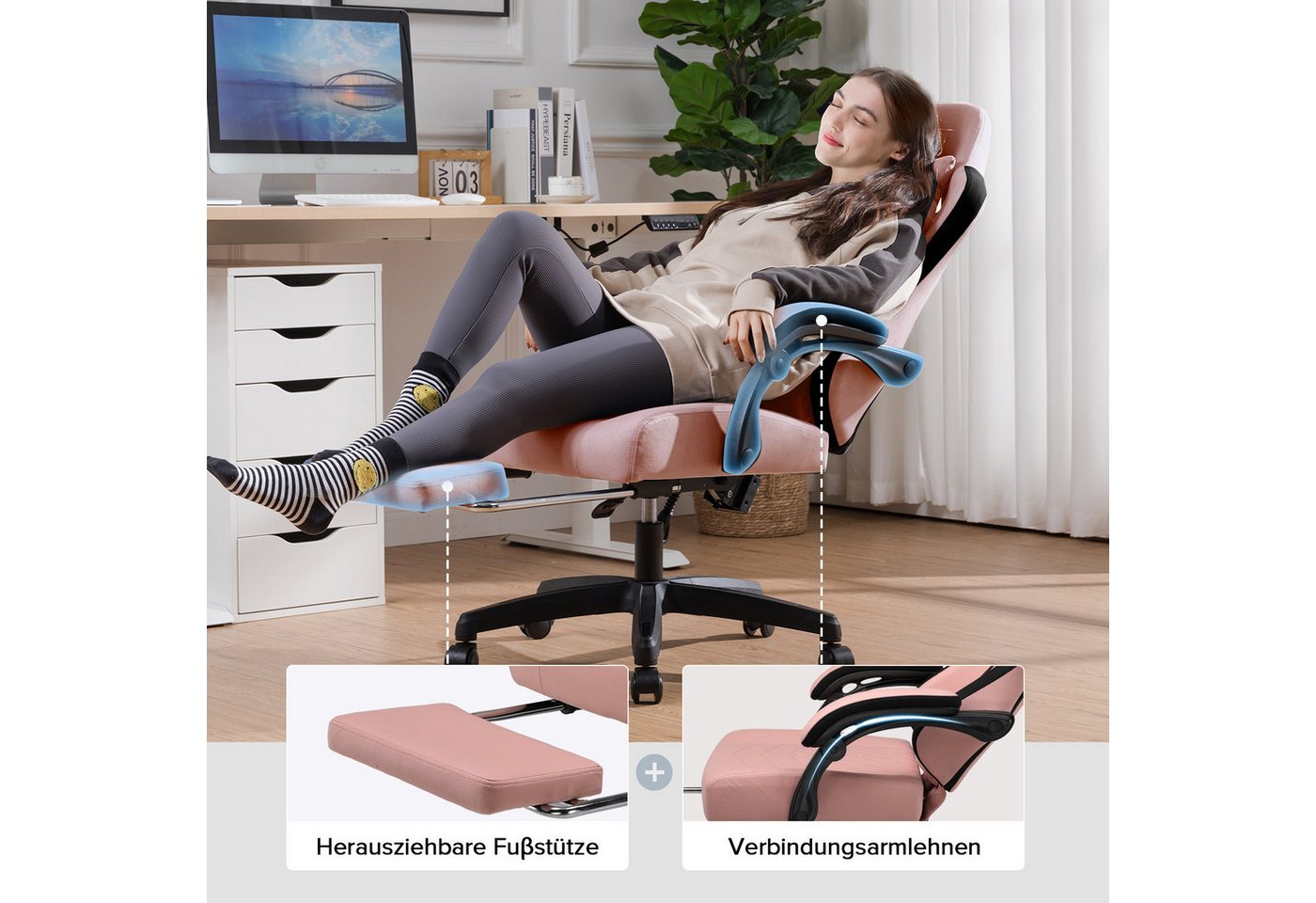 GTPLAYER Gaming-Stuhl Ergonomischer Gaming Sessel Schreibtischstuhl aus Stoff/Kunstleder (Pacekung), Federsitzkissen mit Fußstütze – Bild 3 von 5