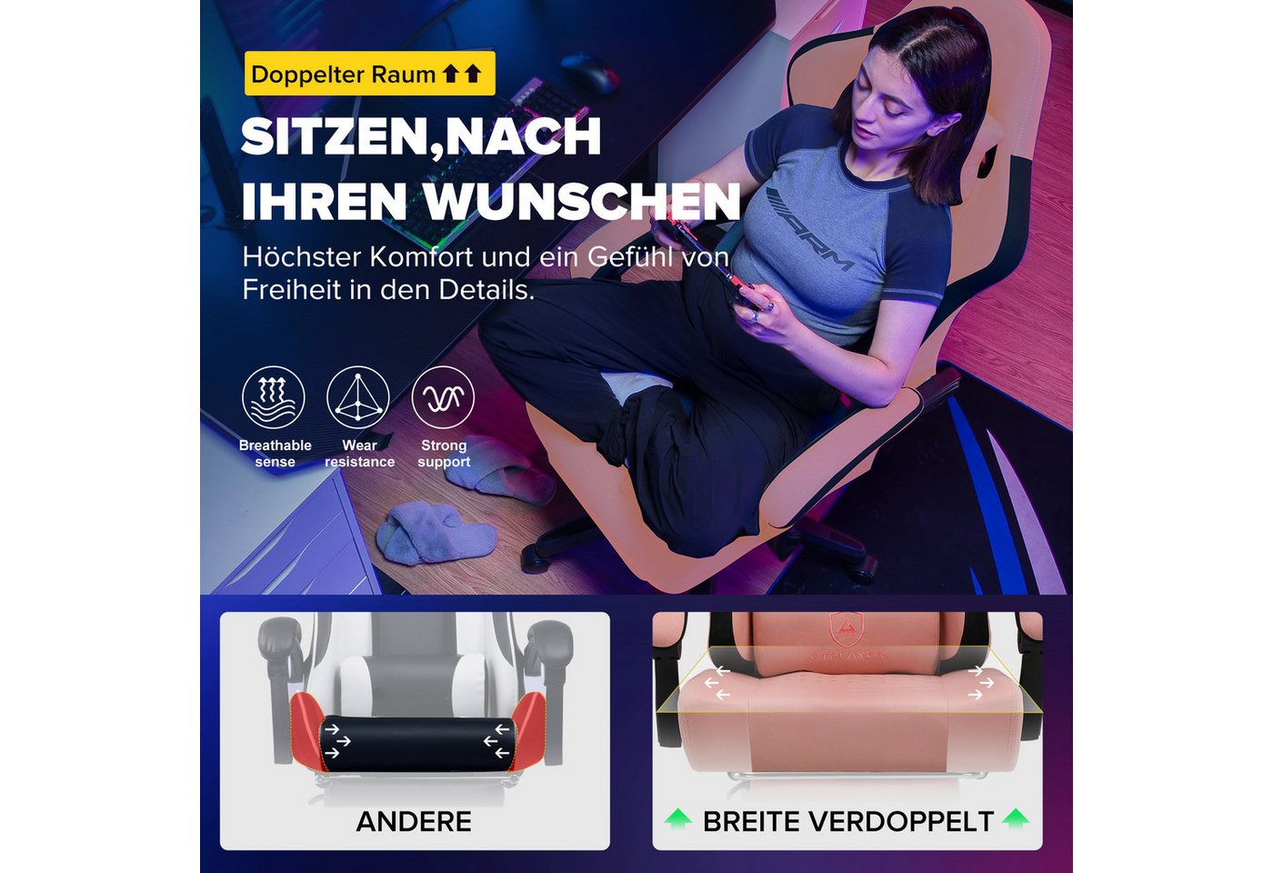 GTPLAYER Gaming-Stuhl Ergonomischer Gaming Sessel Schreibtischstuhl aus Stoff/Kunstleder (Pacekung), Federsitzkissen mit Fußstütze – Bild 4 von 5