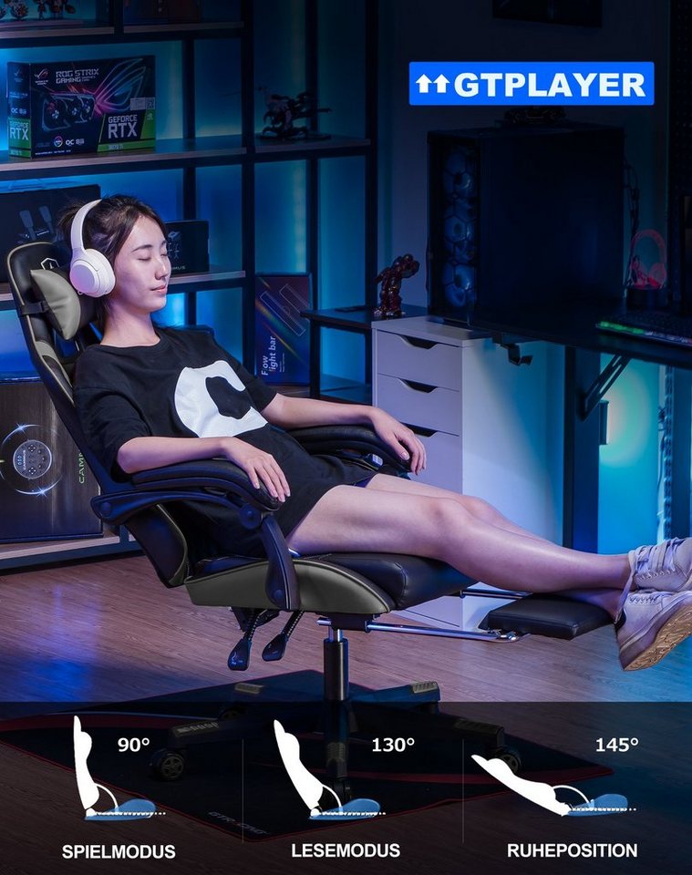 GTPLAYER Gaming-Stuhl Gamer Stuhl, Ergonomischer Bürostuhl mit Fußstütze, Kopfstütze und Lendenstütze – Bild 2 von 5