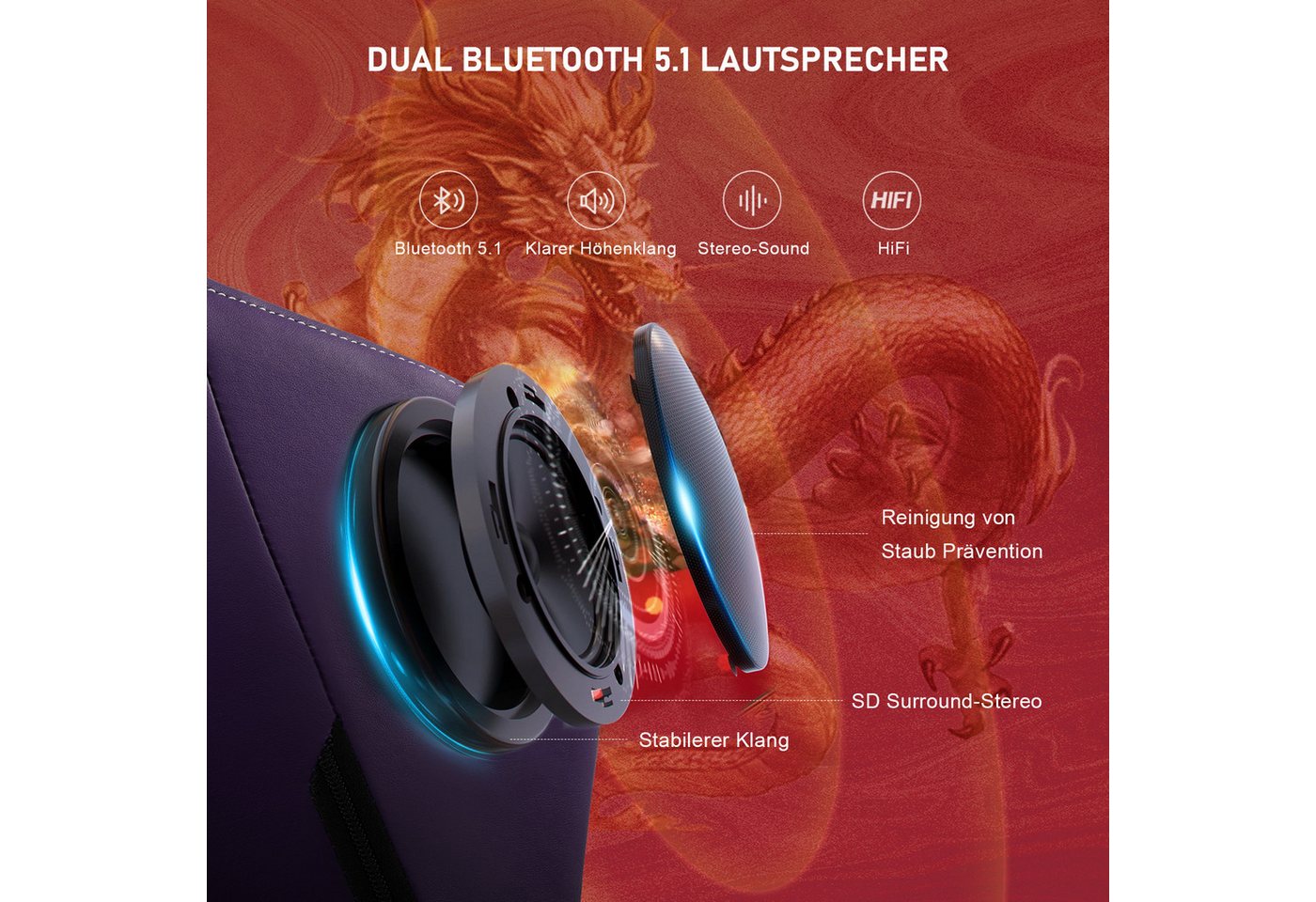 GTPLAYER Gaming-Stuhl Gamer Stuhl mit Bluetooth-Lautsprechern und Fußstütze, Dragon Series, Bürostuhl, Ergonomischer Gaming-Stuhl, Drehsessel, Computerstuhl – Bild 2 von 5