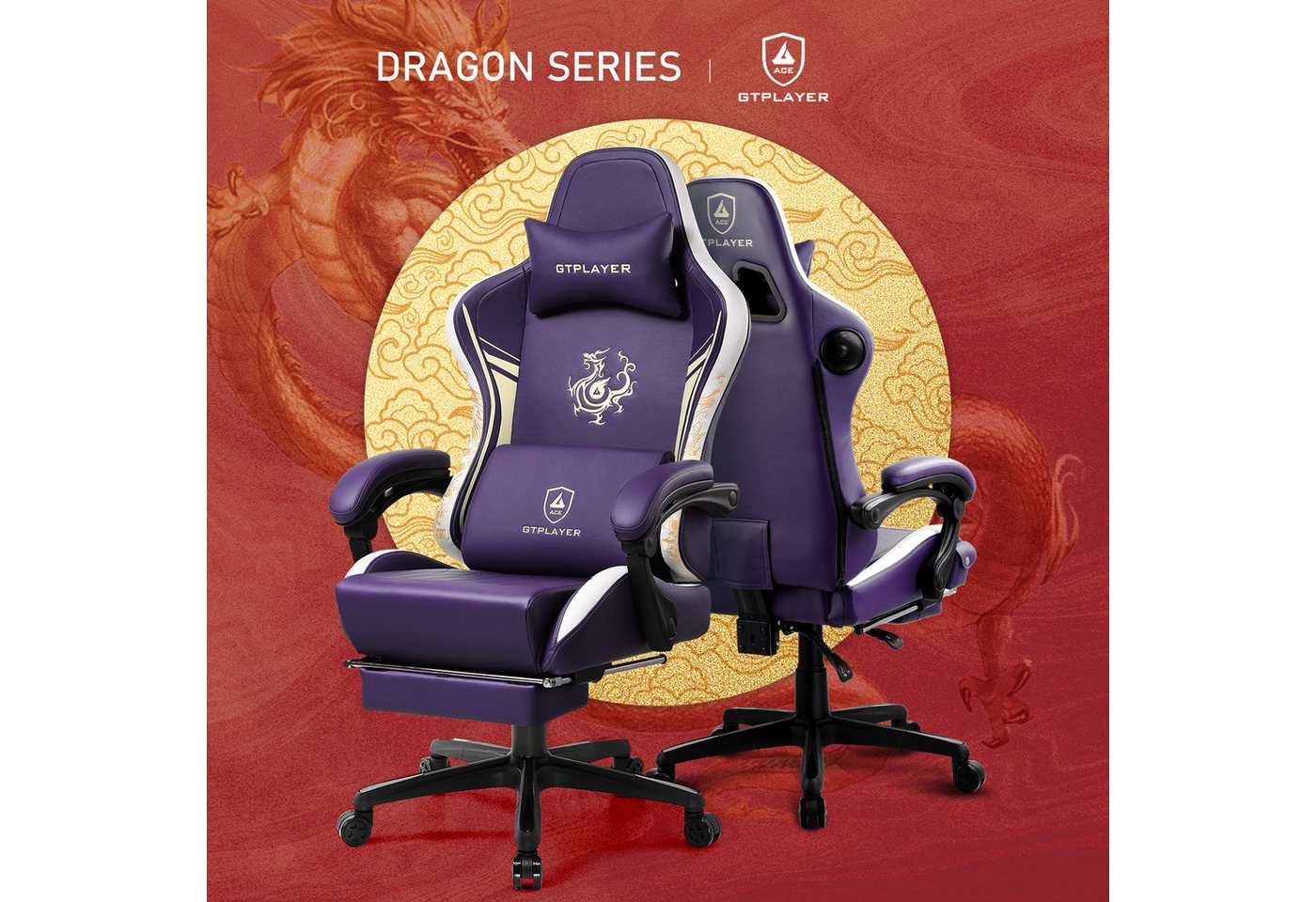 GTPLAYER Gaming-Stuhl Gamer Stuhl mit Bluetooth-Lautsprechern und Fußstütze, Dragon Series, Bürostuhl, Ergonomischer Gaming-Stuhl, Drehsessel, Computerstuhl – Bild 5 von 5