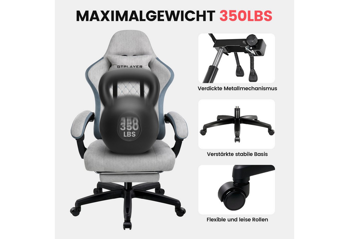 GTPLAYER Gaming-Stuhl Gaming Stuhl Stoff, Gaming Sessel mit Taschenfederkissen, Drehstuhl, Gamer Stuhl mit Fußstütze150 kg – Bild 3 von 5