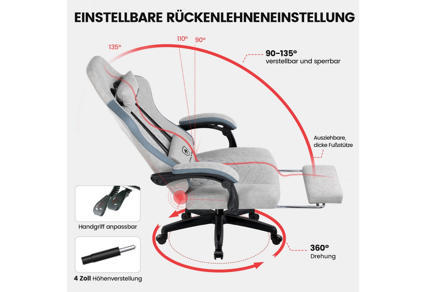 GTPLAYER Gaming-Stuhl Gaming Stuhl Stoff, Gaming Sessel mit Taschenfederkissen, Drehstuhl, Gamer Stuhl mit Fußstütze150 kg – Bild 5 von 5