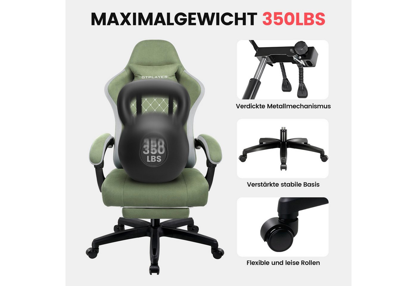 GTPLAYER Gaming-Stuhl Gaming Stuhl Stoff, Gaming Sessel mit Taschenfederkissen, Drehstuhl, Gamer Stuhl mit Fußstütze150 kg – Bild 3 von 5