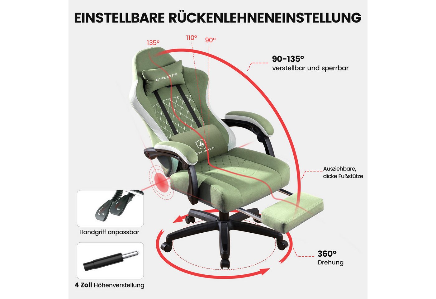 GTPLAYER Gaming-Stuhl Gaming Stuhl Stoff, Gaming Sessel mit Taschenfederkissen, Drehstuhl, Gamer Stuhl mit Fußstütze150 kg – Bild 5 von 5