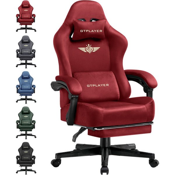 GTPLAYER Gaming-Stuhl Stoff/Kunstleder mit Taschenfederkissen großer Gamer Stuhl, 150KG (Gaming Chair mit hoher Rückenlehne und Fußstütze), Bürostuhl Gaming Ses