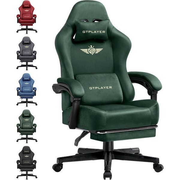 GTPLAYER Gaming-Stuhl Stoff/Kunstleder mit Taschenfederkissen großer Gamer Stuhl, 150KG (Gaming Chair mit hoher Rückenlehne und Fußstütze), Bürostuhl Gaming Ses