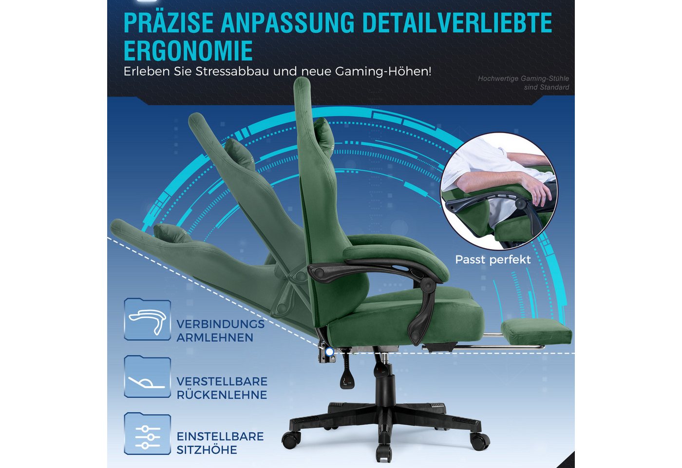 GTPLAYER Gaming-Stuhl Stoff/Kunstleder mit Taschenfederkissen großer Gamer Stuhl, 150KG (Gaming Chair mit hoher Rückenlehne und Fußstütze), Bürostuhl Gaming Ses – Bild 3 von 5