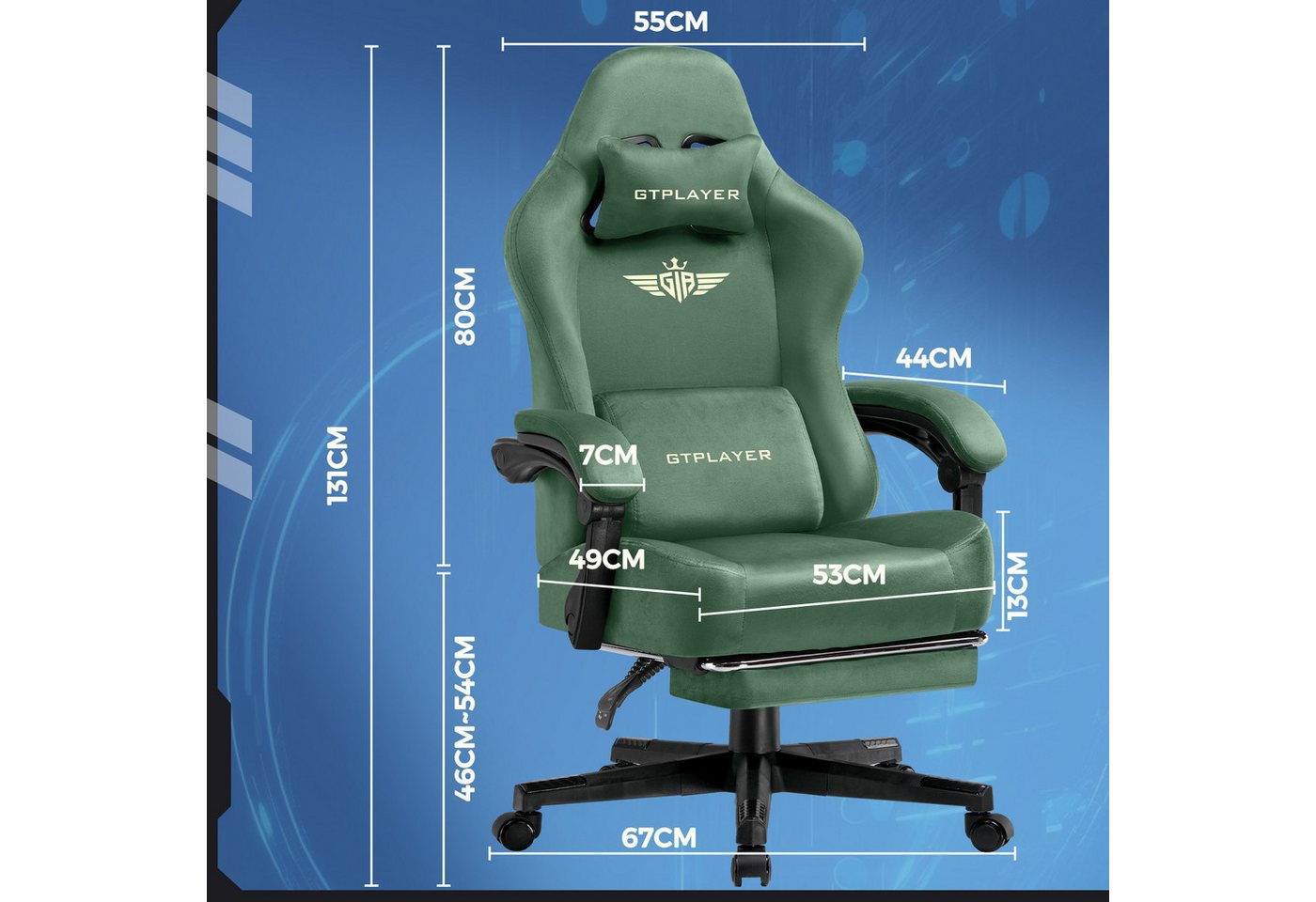 GTPLAYER Gaming-Stuhl Stoff/Kunstleder mit Taschenfederkissen großer Gamer Stuhl, 150KG (Gaming Chair mit hoher Rückenlehne und Fußstütze), Bürostuhl Gaming Ses – Bild 4 von 5
