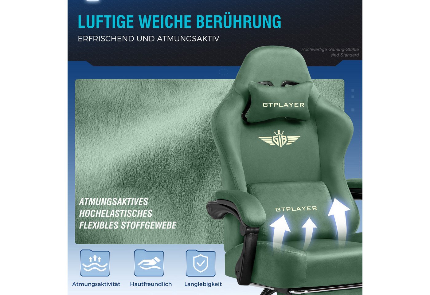 GTPLAYER Gaming-Stuhl Stoff/Kunstleder mit Taschenfederkissen großer Gamer Stuhl, 150KG (Gaming Chair mit hoher Rückenlehne und Fußstütze), Bürostuhl Gaming Ses – Bild 5 von 5