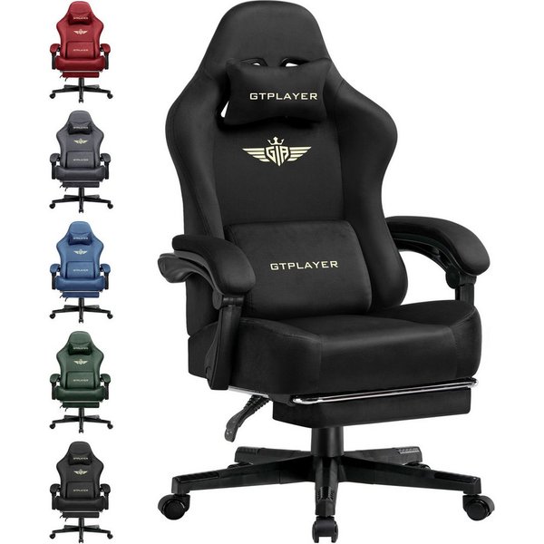 GTPLAYER Gaming-Stuhl Stoff/Kunstleder mit Taschenfederkissen großer Gamer Stuhl, 150KG (Gaming Chair mit hoher Rückenlehne und Fußstütze), Bürostuhl Gaming Ses