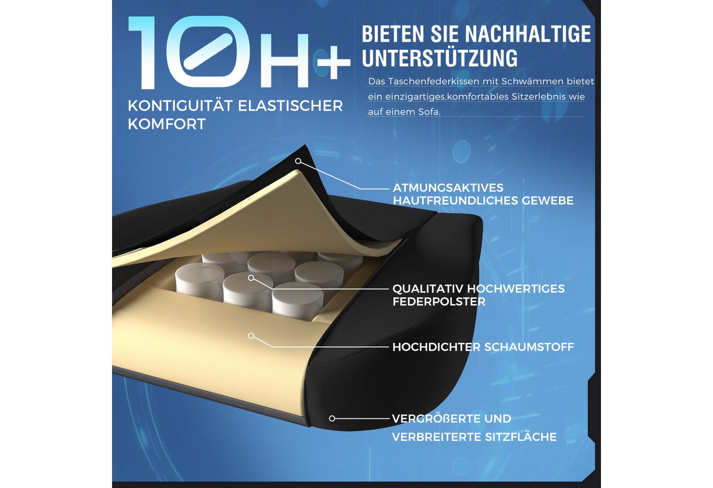 GTPLAYER Gaming-Stuhl Stoff/Kunstleder mit Taschenfederkissen großer Gamer Stuhl, 150KG (Gaming Chair mit hoher Rückenlehne und Fußstütze), Bürostuhl Gaming Ses – Bild 2 von 5