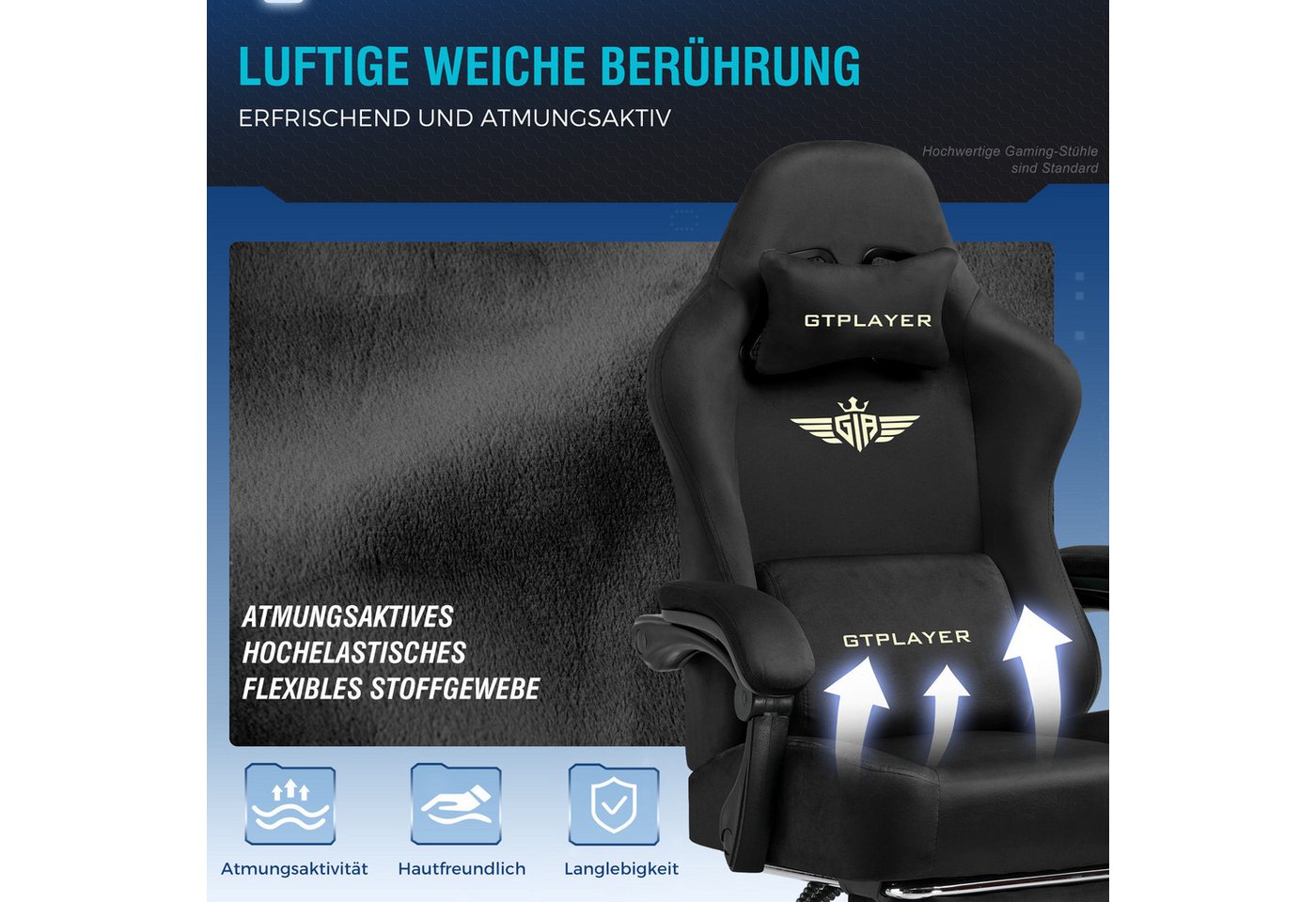 GTPLAYER Gaming-Stuhl Stoff/Kunstleder mit Taschenfederkissen großer Gamer Stuhl, 150KG (Gaming Chair mit hoher Rückenlehne und Fußstütze), Bürostuhl Gaming Ses – Bild 4 von 5