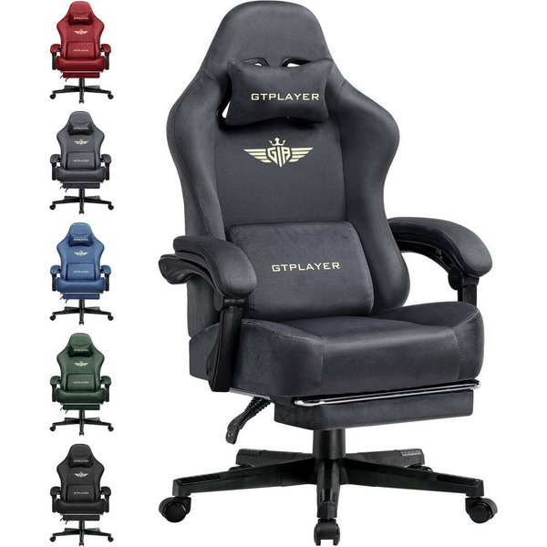 GTPLAYER Gaming-Stuhl Stoff/Kunstleder mit Taschenfederkissen großer Gamer Stuhl, 150KG (Gaming Chair mit hoher Rückenlehne und Fußstütze), Bürostuhl Gaming Ses