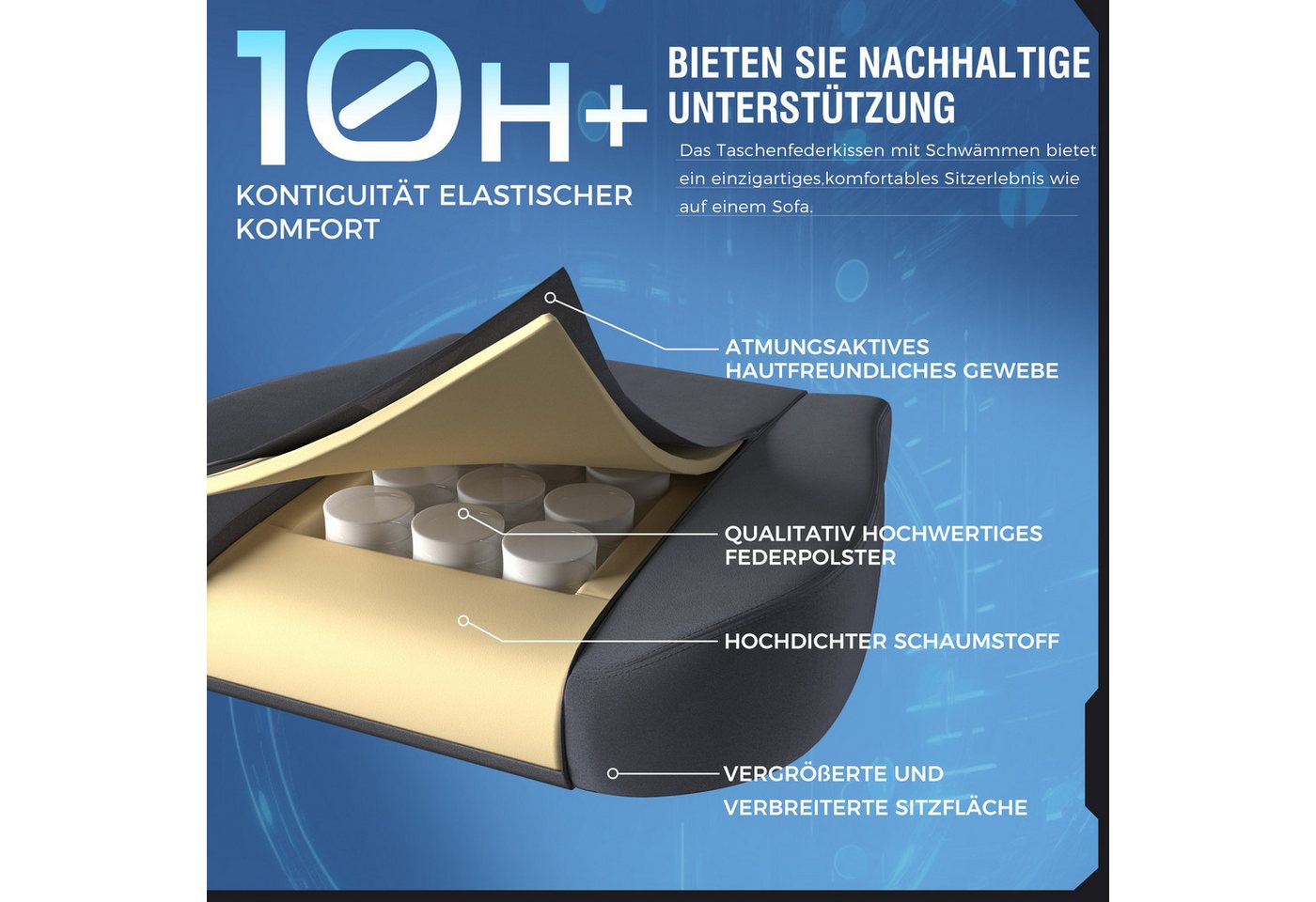 GTPLAYER Gaming-Stuhl Stoff/Kunstleder mit Taschenfederkissen großer Gamer Stuhl, 150KG (Gaming Chair mit hoher Rückenlehne und Fußstütze), Bürostuhl Gaming Ses – Bild 2 von 5