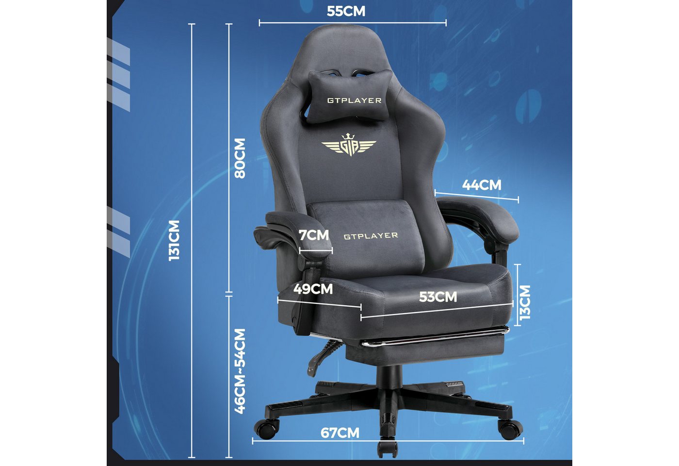 GTPLAYER Gaming-Stuhl Stoff/Kunstleder mit Taschenfederkissen großer Gamer Stuhl, 150KG (Gaming Chair mit hoher Rückenlehne und Fußstütze), Bürostuhl Gaming Ses – Bild 5 von 5