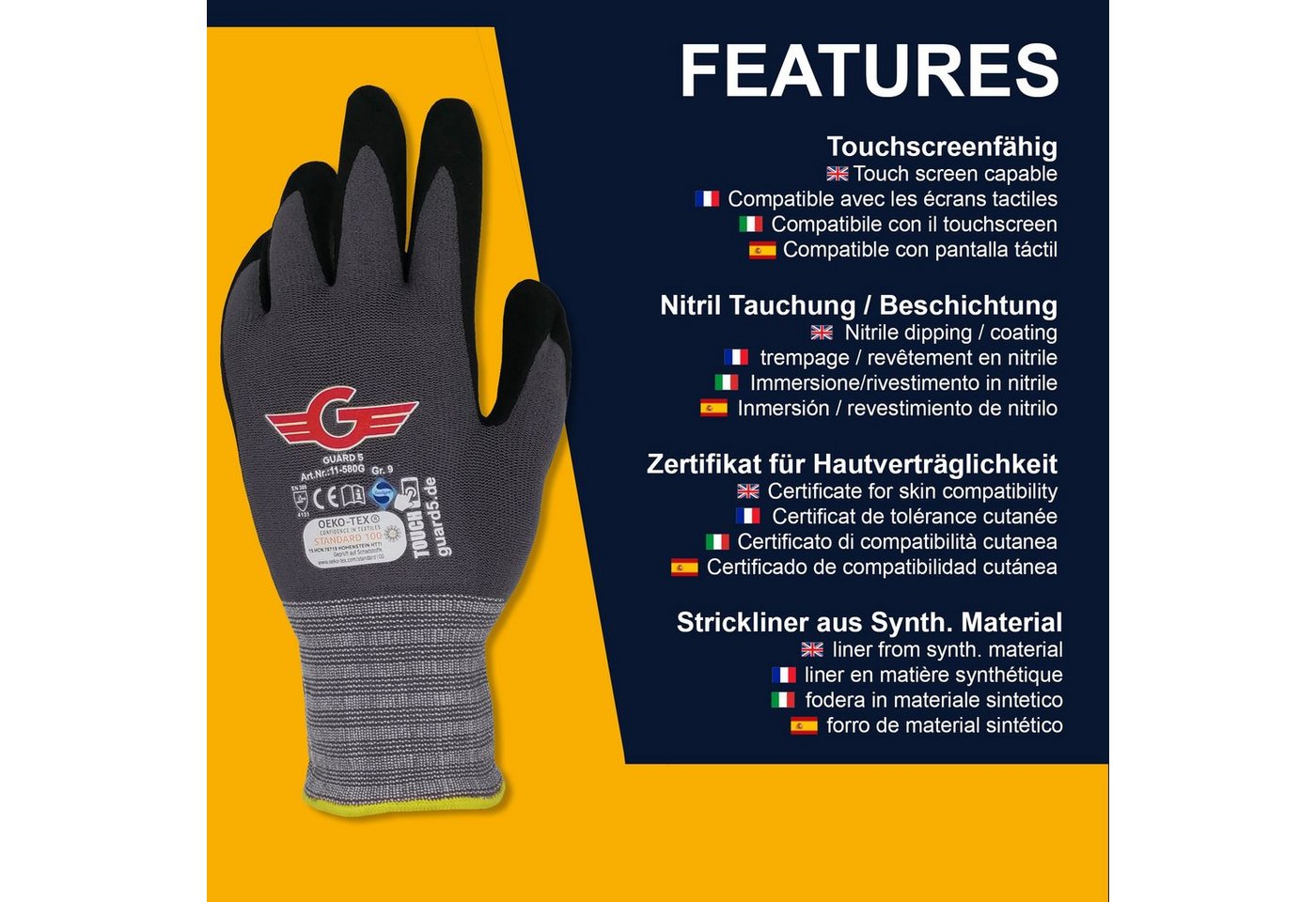 GUARD 5 Arbeitshandschuhe 3-12 Paar Nitril Beschichteter Arbeits- Montagehandschuh (Art.11580G) (12-St) atmungsaktiv, touchscreenfähig, Sanitized Hygienefunktio – Bild 4 von 5