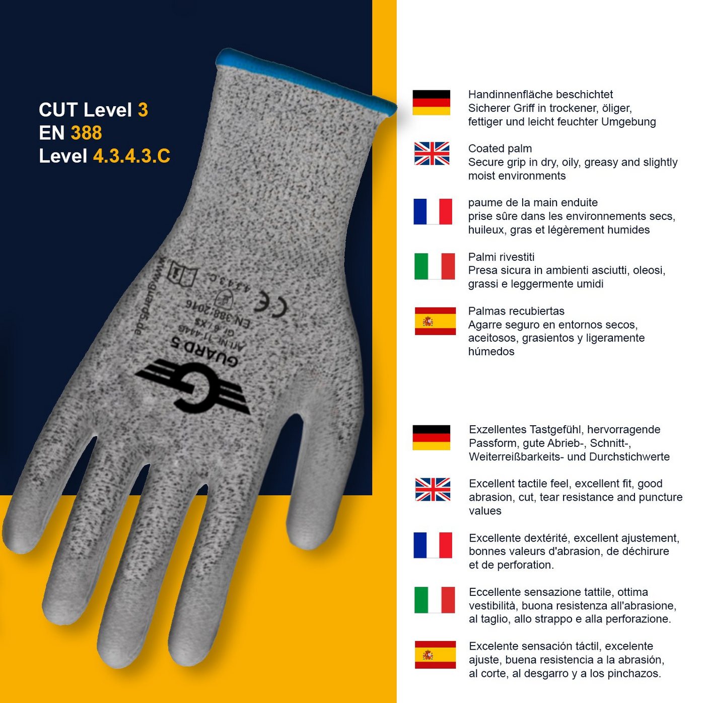 GUARD 5 Arbeitshandschuhe Schnittschutz - Schnittfeste Garten-Handschuhe Level 3 - (Art.11444G) (5-St) Sicherer Griff durch PU-Beschichtung in den Handinnenfläc – Bild 2 von 4