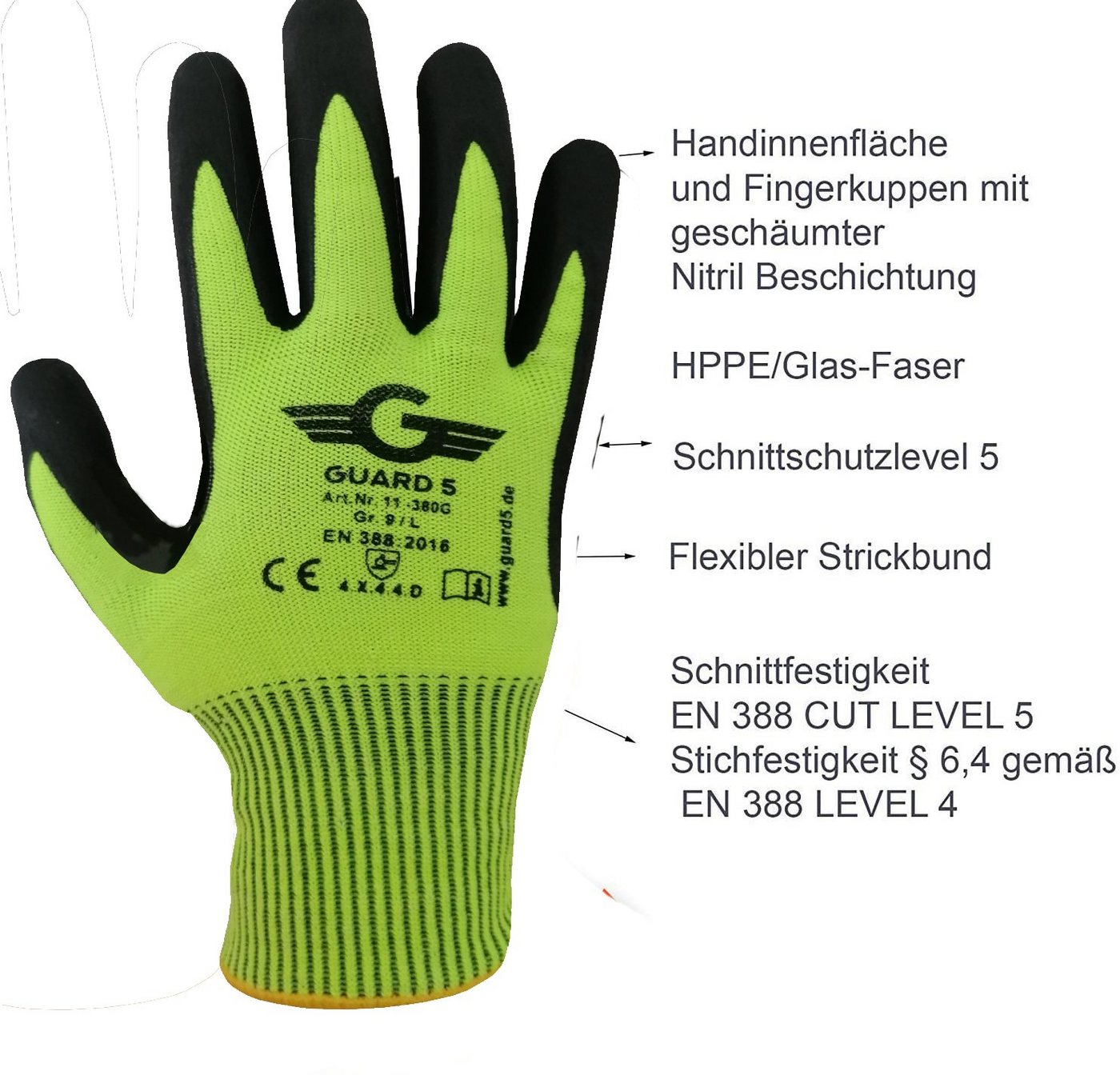 GUARD 5 Schnittschutzhandschuhe schnittfeste Arbeitshandschuhe für höchste Sicherheit (Art-11380G) (3-St) Schnittschutz – Bild 2 von 5