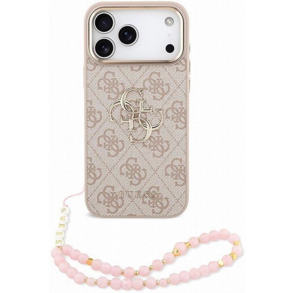 Guess Handyhülle Big Logo 18 Pro Max mit Kette Kunstleder rosa grau braun 6,9 Zoll, Kantenschutz