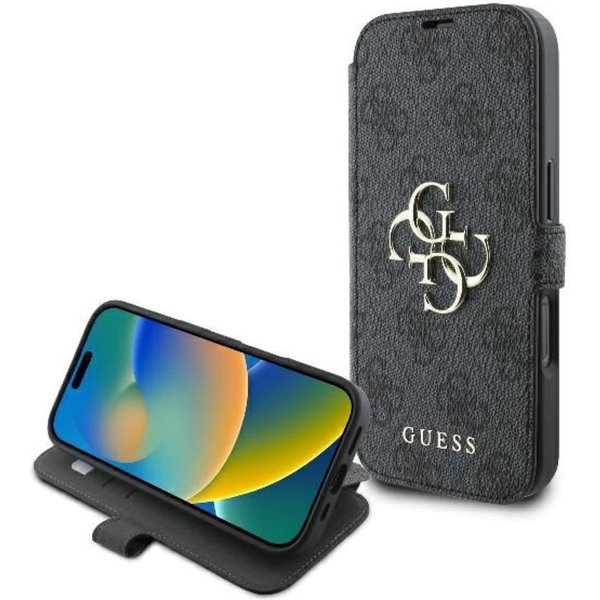 Guess Handyhülle Bookcase iPhone 16 Pro grau Logo goldfarben aufstellbar 6,3 Zoll, Kantenschutz