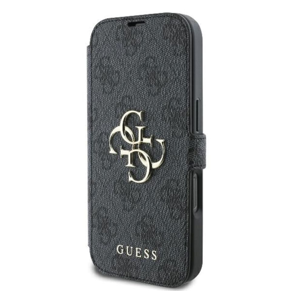 Guess Handyhülle Bookcase iPhone 16 Pro grau Logo goldfarben aufstellbar 6,3 Zoll, Kantenschutz – Bild 2 von 5