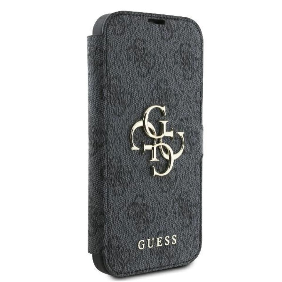 Guess Handyhülle Bookcase iPhone 16 Pro grau Logo goldfarben aufstellbar 6,3 Zoll, Kantenschutz – Bild 4 von 5