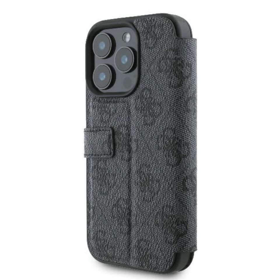 Guess Handyhülle Bookcase iPhone 16 Pro grau Logo goldfarben aufstellbar 6,3 Zoll, Kantenschutz – Bild 5 von 5